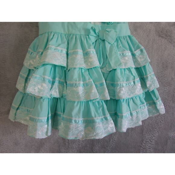 Vintage Mini World Girls Dress Size 6 Aqua Lace Ruffle Party Dress Made in USA - Picture 2 of 7